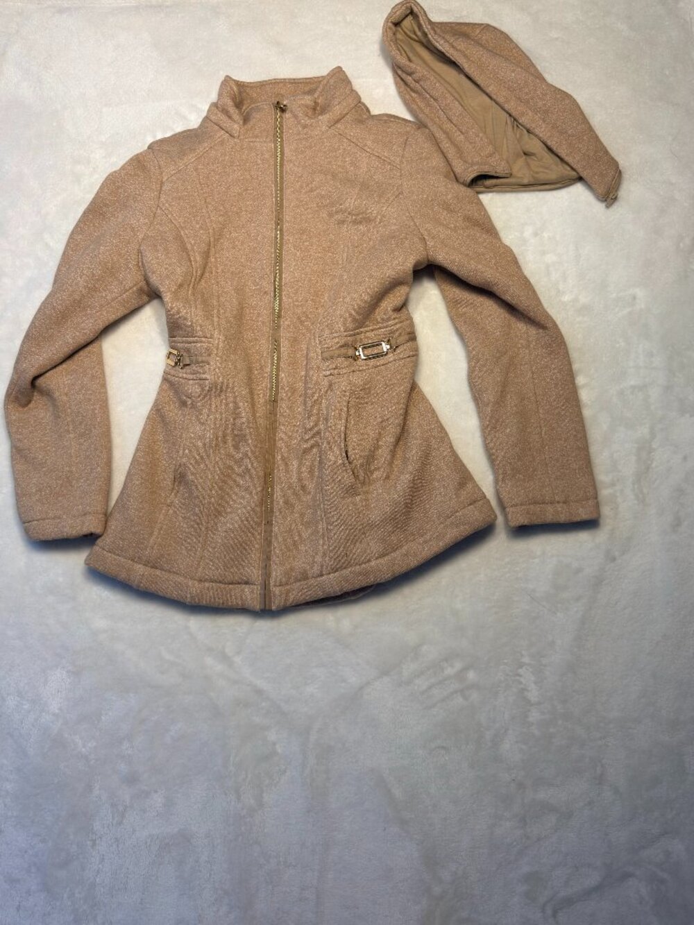 Liz Claiborne Camel Tan Fleece Zip-Up Coat with Detachable Hood - Size Petite Sm
